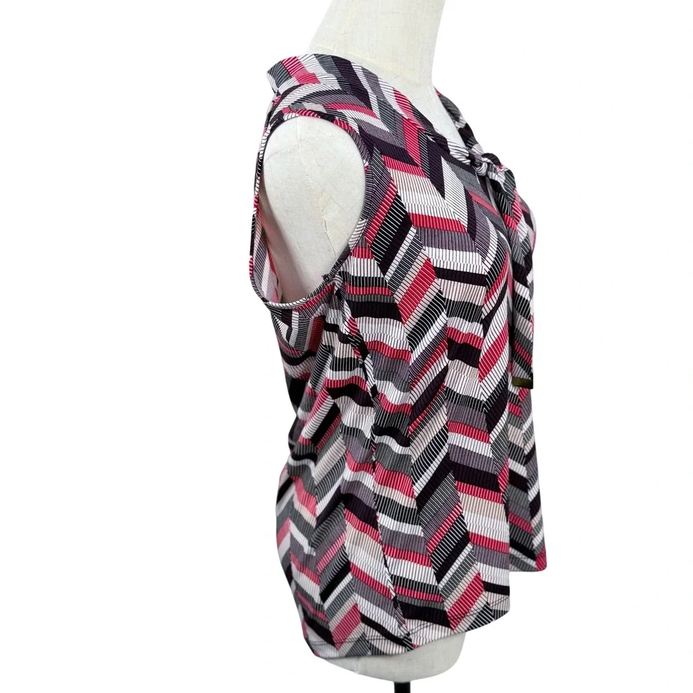 Jones New York S Blouse Red Geometric Women Tie Neck Sleeveless Shell Career EUC - Picture 4 of 8